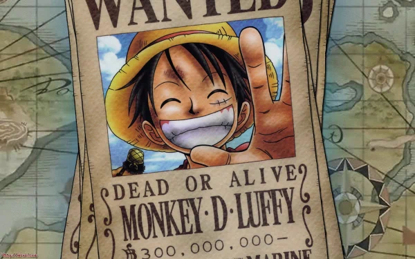 HD desktop wallpaper featuring a Wanted poster of Monkey D. Luffy from the anime One Piece, showing Luffy smiling and making a peace sign, with a bounty of 300,000,000 Berries.