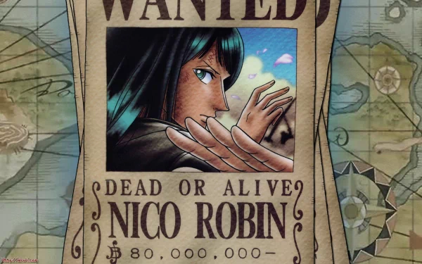 A vibrant HD wallpaper featuring a 'Wanted' poster for Nico Robin from the anime One Piece, showcasing her striking expression and dynamic pose against a map background.