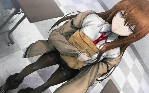 HD desktop wallpaper featuring Kurisu Makise from the anime Steins;Gate. The character stands confidently in a school setting, clad in stylish attire with a neutral expression.