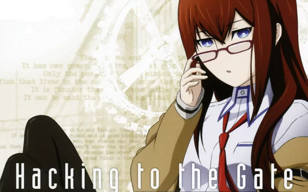 Kurisu Makise from Steins;Gate is featured in this HD anime wallpaper, showcasing her with glasses, deep in thought, amid a backdrop of scientific elements.