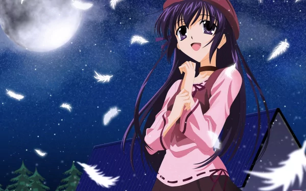 Anime HD PC desktop wallpaper featuring Sola under a moonlit sky with floating feathers and a starry night background.