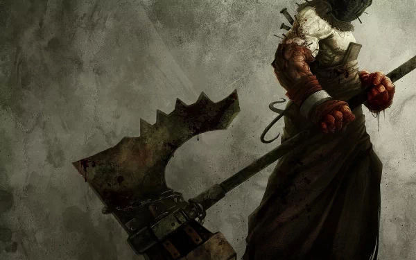 HD PC desktop wallpaper featuring a menacing character from the video game Resident Evil 5, holding a large, jagged weapon against a textured, dark background.