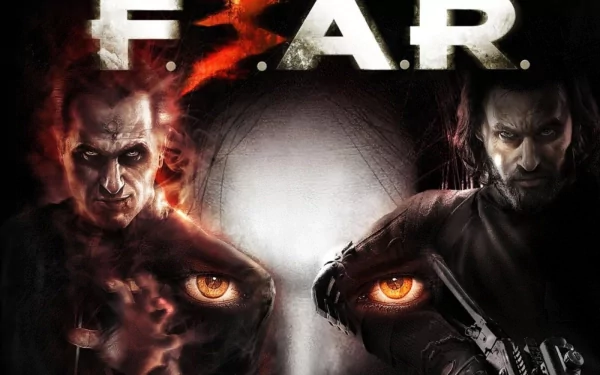 HD PC desktop wallpaper featuring intense characters and fiery eyes from the video game F.E.A.R. 3, capturing a dark and suspenseful atmosphere.