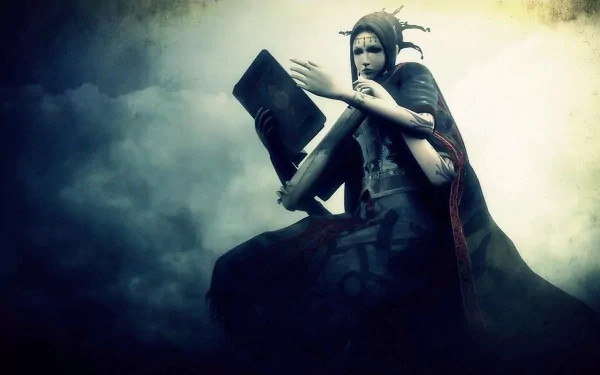 HD PC desktop wallpaper/background: Demon's Souls video game artwork of a cloaked, jester-capped figure clutching a grimoire amid swirling dark mist.