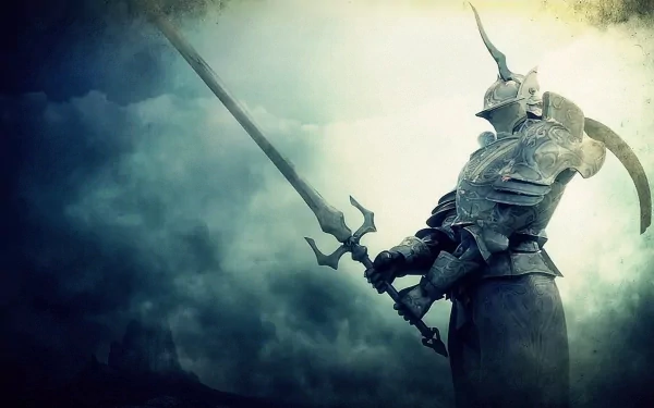 HD PC desktop wallpaper featuring a heavily armored knight wielding a large sword from the video game Demon's Souls, set against a dark, misty background.