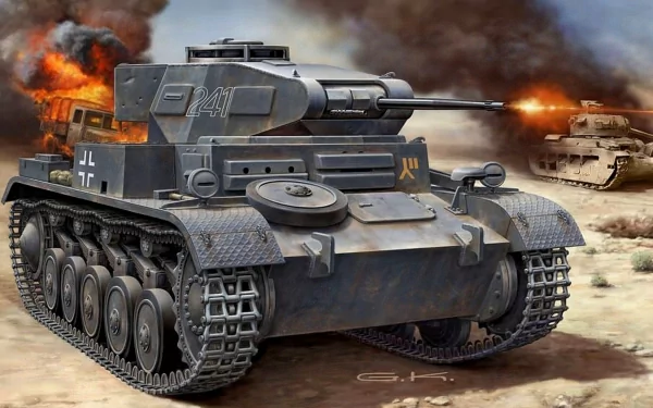 HD desktop wallpaper depicting a Panzer II tank in a fierce military battle scene with explosions and another tank firing in the background.