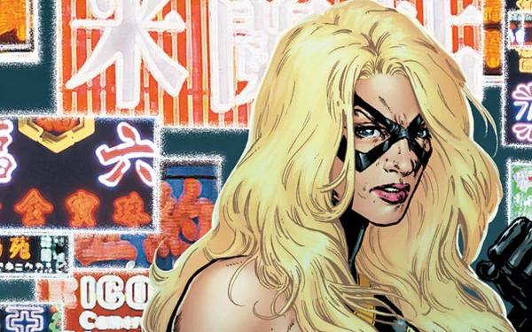 HD PC desktop wallpaper of Ms. Marvel (comic): blonde heroine with black eye mask and leather glove posed against neon-lit Asian city signage background.