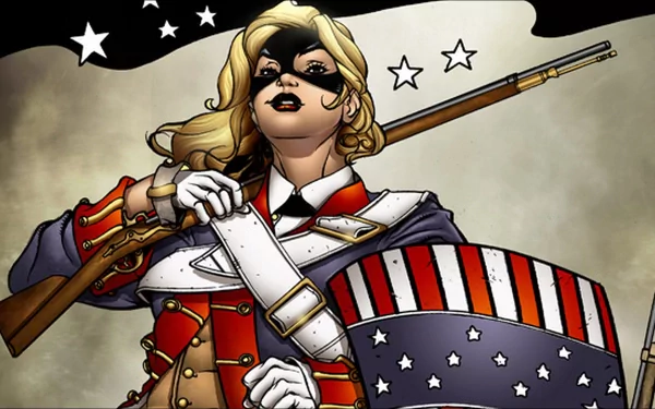 HD PC desktop wallpaper of Magdalena (Comics): blonde, masked heroine in a colonial-style uniform holding a musket and a stars-and-stripes shield against a starry sky.