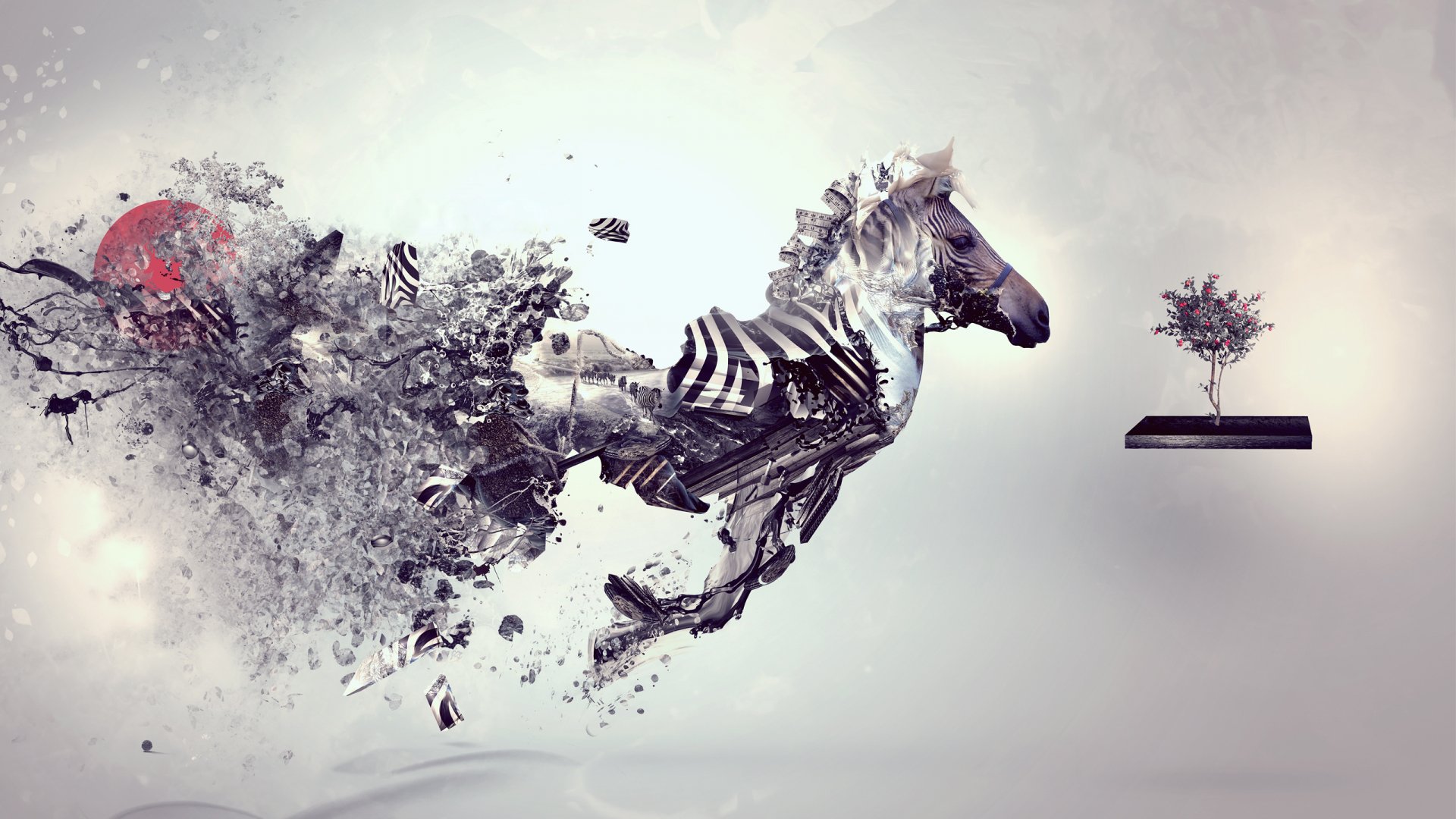 Artistic animal 2K Quad HD PC desktop wallpaper and background: abstract galloping horse breaking into geometric fragments, monochrome tones with a floating tree on a minimalist backdrop.