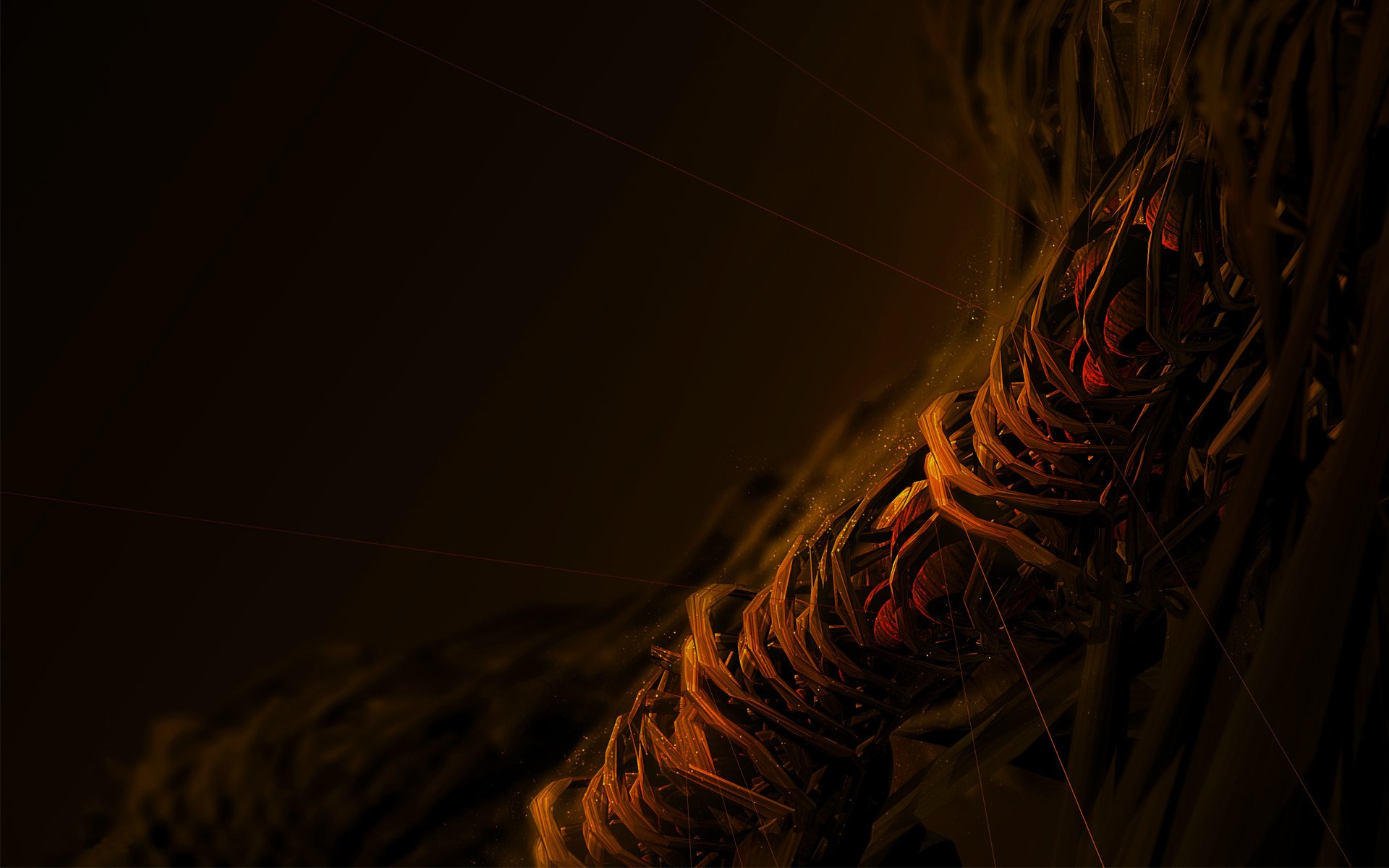A high-definition abstract desktop wallpaper featuring intricate CGI textures and patterns, with a mix of dark and warm colors forming a complex shape, creating a visually captivating and cool background.