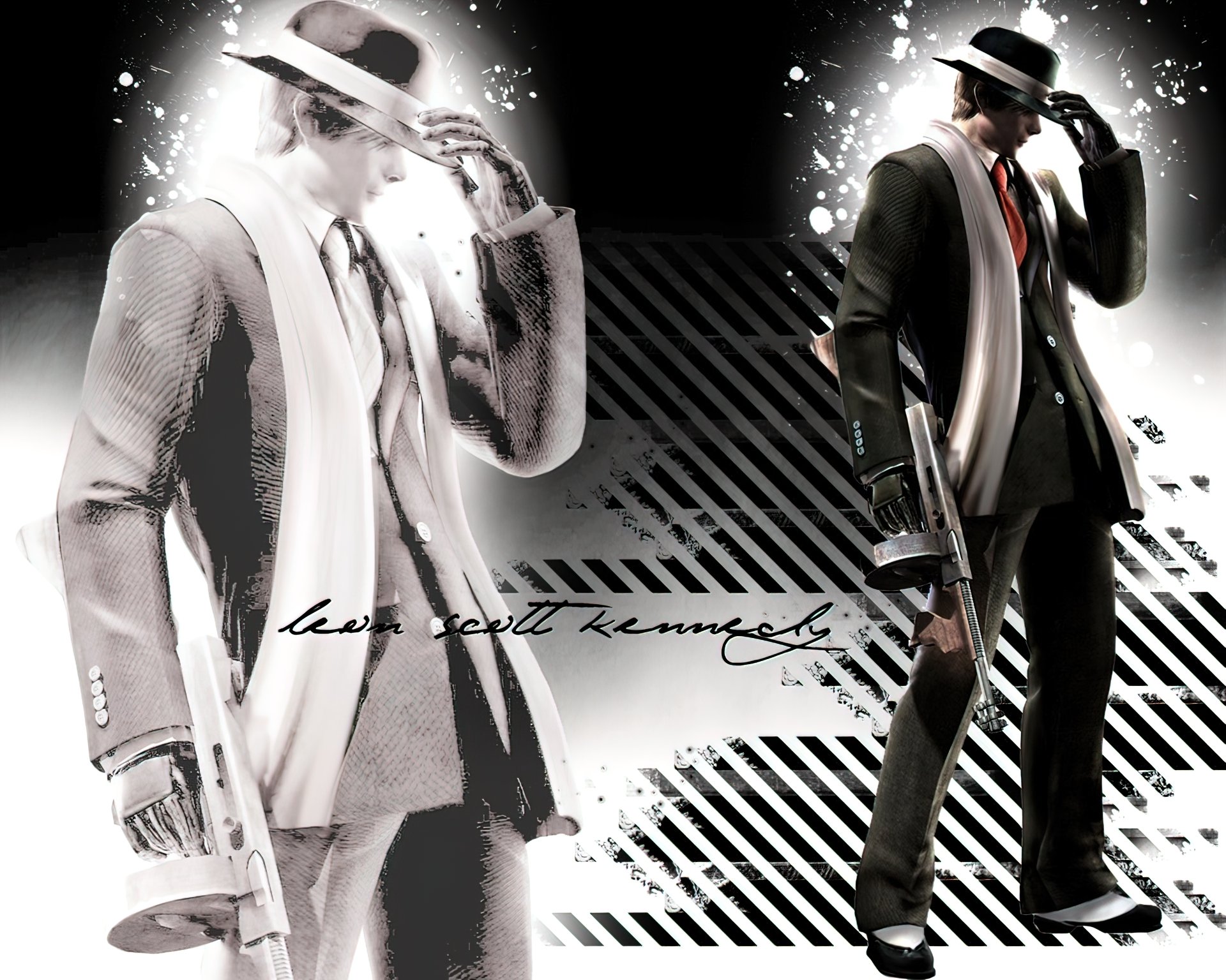 HD PC desktop wallpaper featuring Leon S. Kennedy from the video game Resident Evil 4 in a stylized black and white design with bold diagonal patterns.