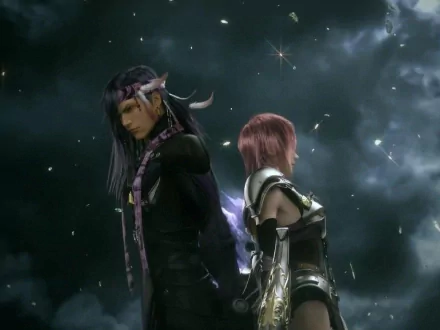 HD PC wallpaper featuring Lightning and Caius Ballad from the video game Final Fantasy XIII-2, set against a dark, starry background.
