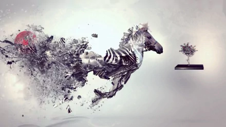 Artistic animal 2K Quad HD PC desktop wallpaper and background: abstract galloping horse breaking into geometric fragments, monochrome tones with a floating tree on a minimalist backdrop.