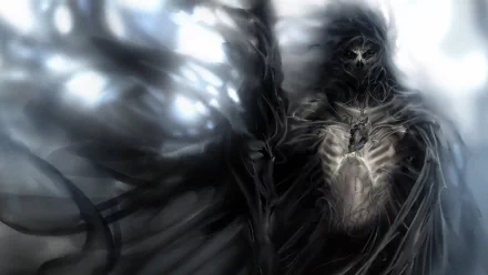HD desktop wallpaper featuring a dark, fantasy-themed Grim Reaper with a skeletal appearance, surrounded by an eerie ambiance.