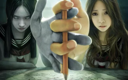 A dark, atmospheric HD desktop wallpaper featuring a mysterious woman with a gripping hand holding a pencil, creating an intriguing and intense visual narrative.