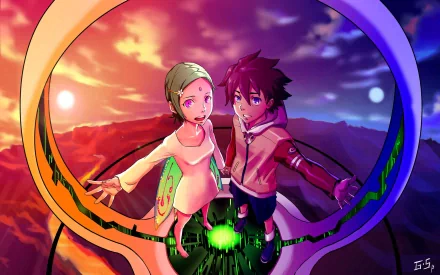 HD PC desktop wallpaper featuring anime characters from Eureka Seven against a vibrant sunset sky with dynamic, colorful ribbons swirling around them.