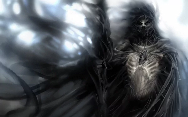 HD desktop wallpaper featuring a dark, fantasy-themed Grim Reaper with a skeletal appearance, surrounded by an eerie ambiance.