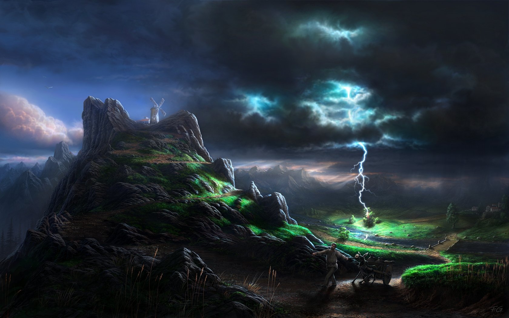 Artistic HD landscape wallpaper depicting a dramatic storm over a rocky mountain with vivid lightning striking the vibrant green valley below.