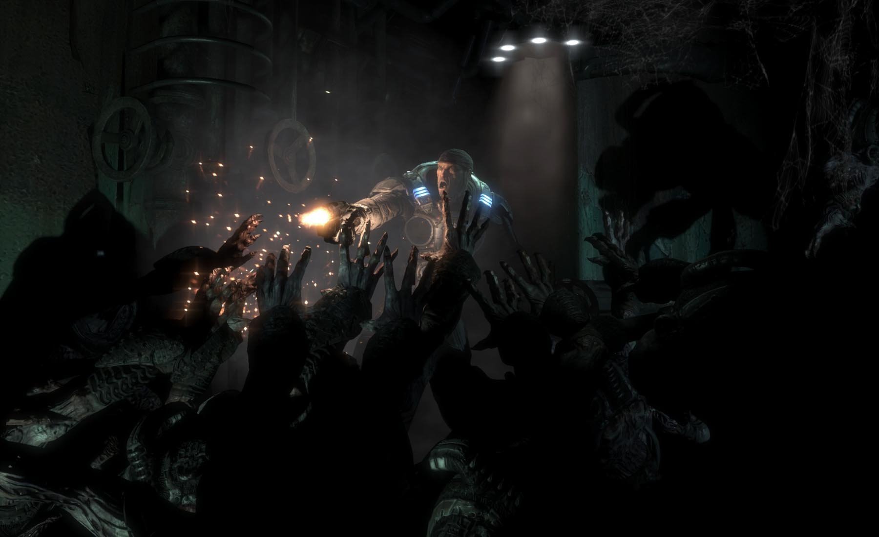 A gripping HD wallpaper from the video game Gears of War, featuring a fierce battle against a swarm of zombies in a dark, ominous environment.