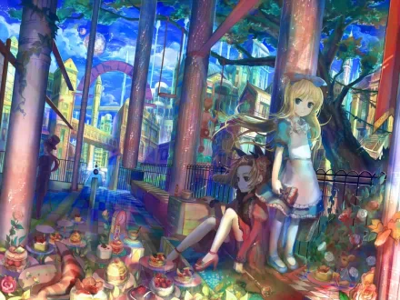 HD PC desktop wallpaper — fantasy Alice in Wonderland scene: two Alice-like girls in a sunlit, surreal glasshouse city with towering columns, tea-party elements and vivid flowers.