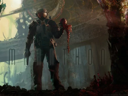 HD PC desktop wallpaper featuring a dark, atmospheric scene from the Marathon video game, showcasing a heavily armed character holding a severed head in a dystopian setting.