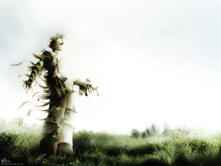 An artistic depiction of a human figure made from paper stands in a grassy landscape, blending nature and creativity in this HD desktop wallpaper.