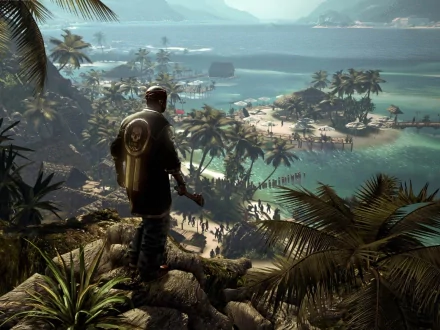 HD PC desktop wallpaper from the video game Dead Island, showing a lone character overlooking a tropical island beach with lush palm trees and the ocean beyond.