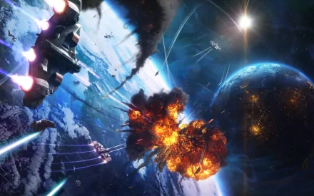 A vivid sci-fi battle scene featuring spaceships and explosions against a cosmic backdrop, showcasing intense action and stunning visuals for an HD PC desktop wallpaper.