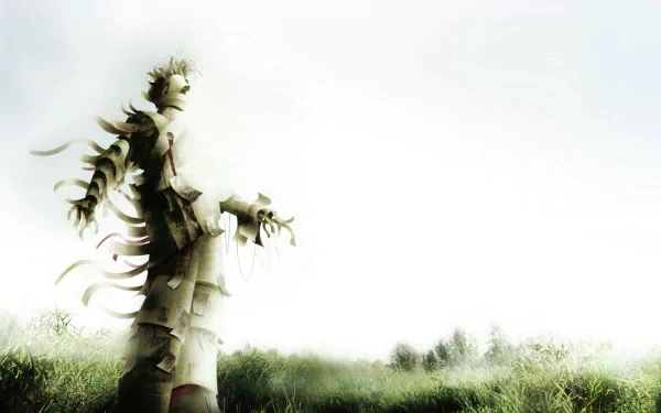 An artistic depiction of a human figure made from paper stands in a grassy landscape, blending nature and creativity in this HD desktop wallpaper.