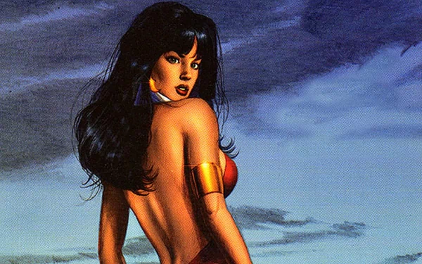 Comic-style HD PC desktop wallpaper and background of Vampirella against a stormy sky, long black hair, red costume and gold armband, glancing over her shoulder.