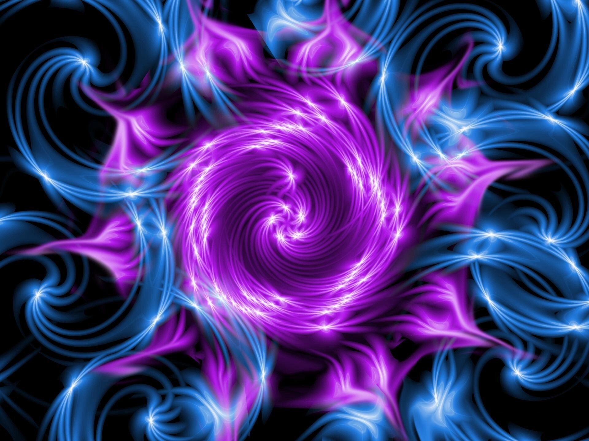 An abstract fractal design featuring vibrant purple and blue swirling patterns, reminiscent of a flower, serving as a captivating HD desktop wallpaper and background.