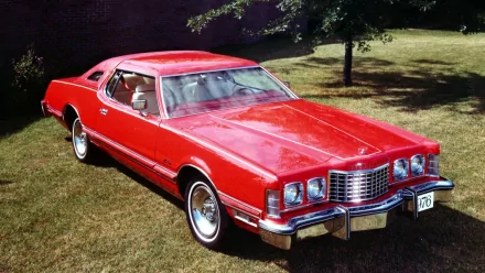 HD PC desktop wallpaper: red 1976 Ford Thunderbird Coupe parked on lawn, three-quarter front view with chrome grille and whitewall tires.