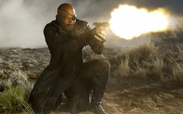 HD PC desktop wallpaper featuring Nick Fury, played by Samuel L. Jackson, firing a gun in an intense scene from the Avengers movie.