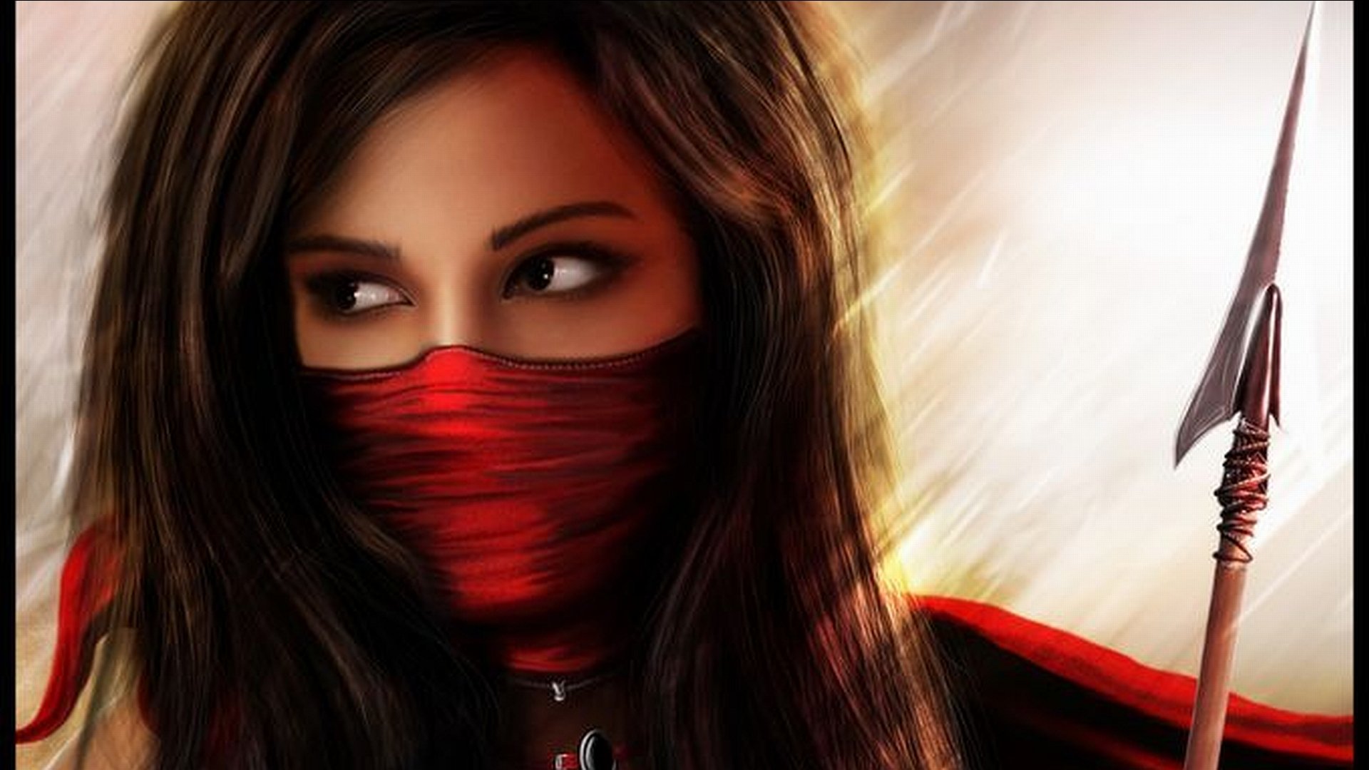 An HD wallpaper featuring a fantasy-themed woman warrior with dark hair, a red face covering, and a spear, set against a dynamic, light-filled background.