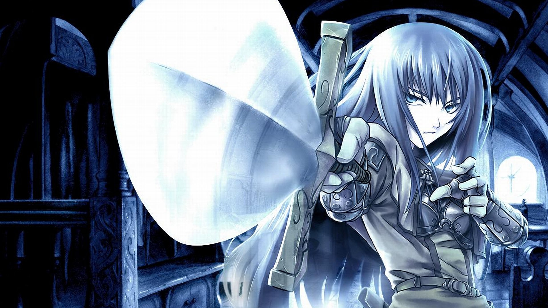 A fierce woman warrior brandishes a sword, set against a mystical blue backdrop, embodying strength and fantasy in this HD desktop wallpaper.