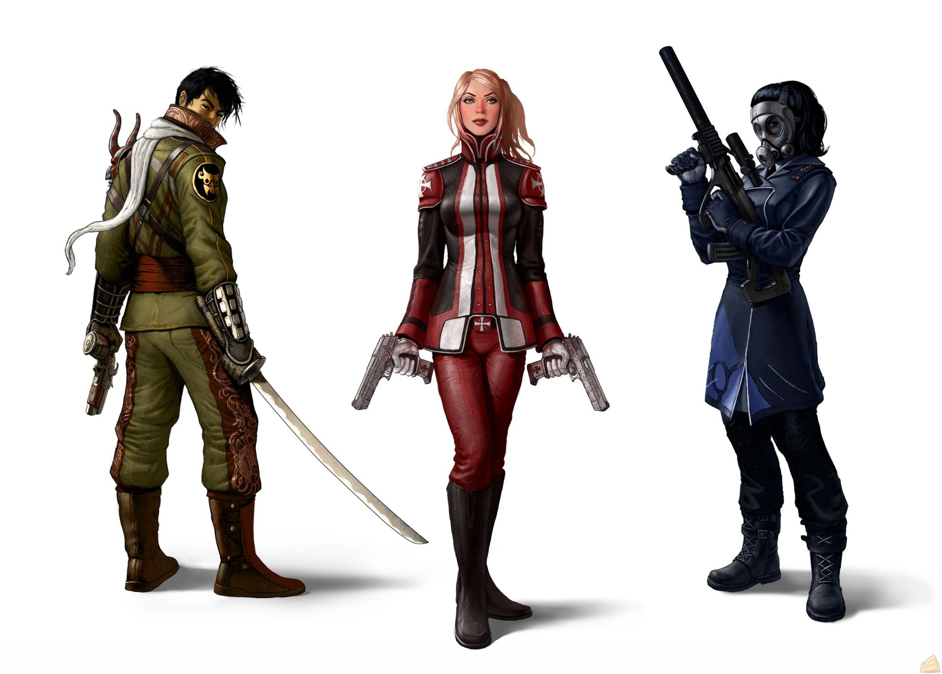 2K Quad HD PC desktop wallpaper showing three armed characters from The Secret World video game: a swordsman, a dual-pistol heroine in red, and a masked rifle-wielding operative on white background.