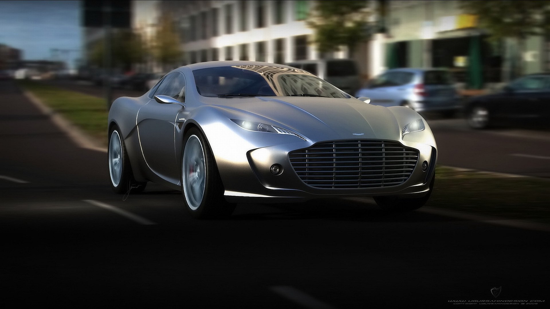 HD PC desktop wallpaper/background: silver Aston vehicle — a sleek sports car driving on a city street with dramatic lighting and glossy reflections.