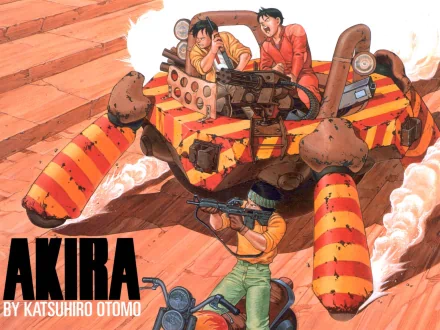 A dynamic HD wallpaper featuring characters from the anime Akira, showcasing an action-packed scene with a colorful, futuristic vehicle and intense moments.