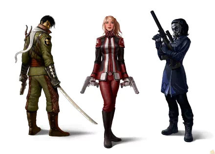 2K Quad HD PC desktop wallpaper showing three armed characters from The Secret World video game: a swordsman, a dual-pistol heroine in red, and a masked rifle-wielding operative on white background.