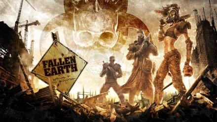 HD PC desktop wallpaper featuring a post-apocalyptic scene from the video game Fallen Earth with three characters and a biohazard sign in a desolate environment.