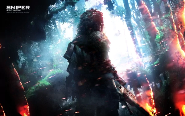HD PC desktop wallpaper: lone soldier sniper from the video game Sniper: Ghost Warrior stands in a fiery, misty forest, rifle raised amid glowing embers and shafts of light.