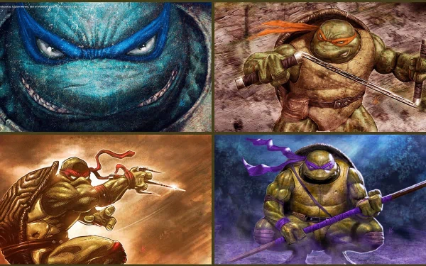 HD wallpaper featuring the Teenage Mutant Ninja Turtles: Raphael, Donatello, Leonardo, and Michelangelo in dynamic comic-style poses, showcasing their unique personalities and skills.