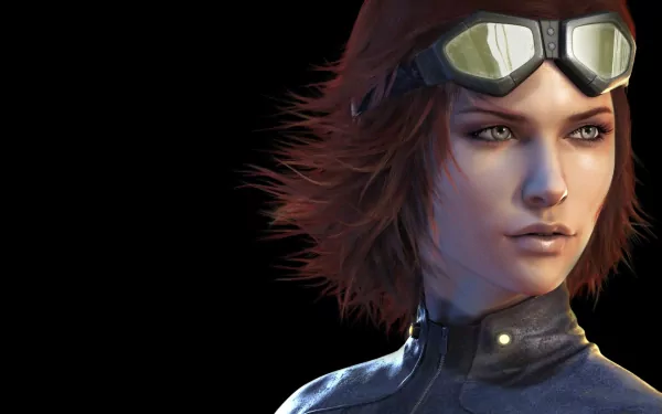 HD PC desktop wallpaper of Joanna Dark (Perfect Dark): close-up portrait with goggles pushed up, leather suit and a focused expression against a black background.