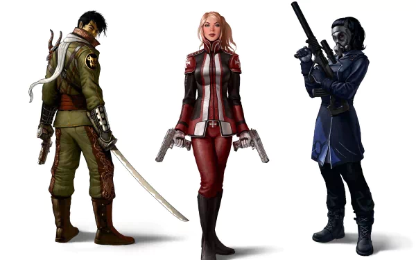 2K Quad HD PC desktop wallpaper showing three armed characters from The Secret World video game: a swordsman, a dual-pistol heroine in red, and a masked rifle-wielding operative on white background.
