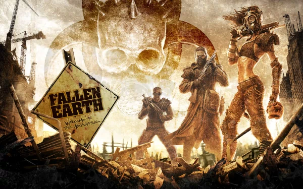 HD PC desktop wallpaper featuring a post-apocalyptic scene from the video game Fallen Earth with three characters and a biohazard sign in a desolate environment.