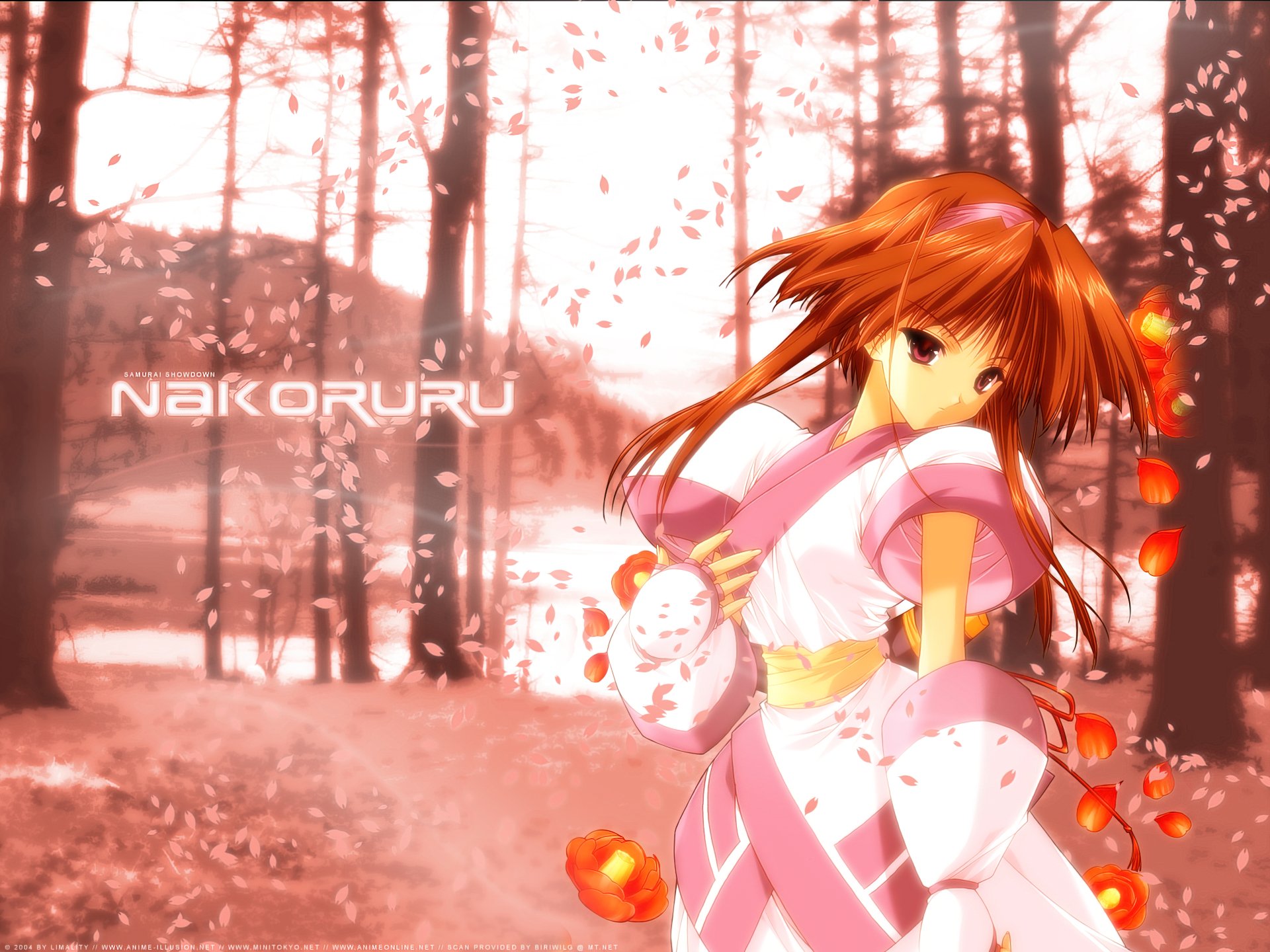 HD PC desktop wallpaper/background: Nakoruru from the video game Samurai Shodown, red-haired shrine maiden in a pink outfit standing in a misty forest.