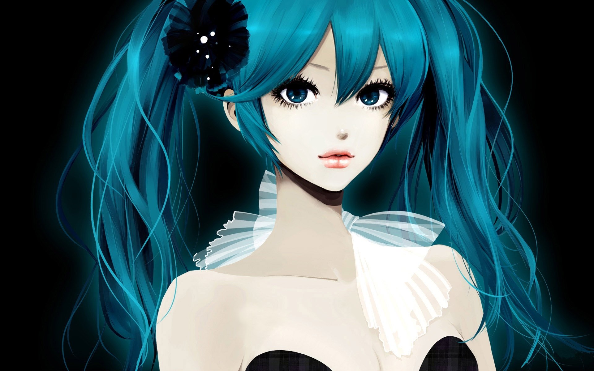 A vibrant HD wallpaper featuring Hatsune Miku, the iconic Vocaloid character, depicted in a striking anime style with her signature teal hair and a stylish outfit.