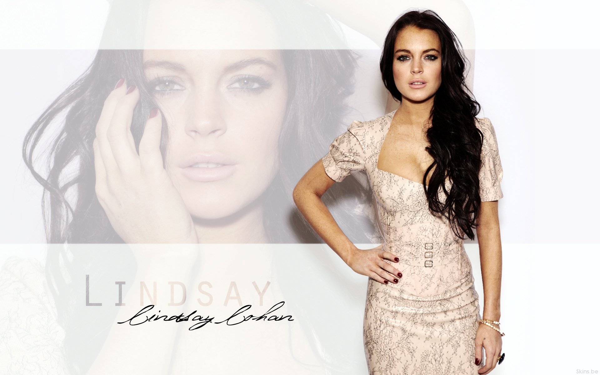 HD PC desktop wallpaper of a female celebrity (name shown in the image): glam portrait with long dark hair in a lace dress, posed over a faded close-up background.