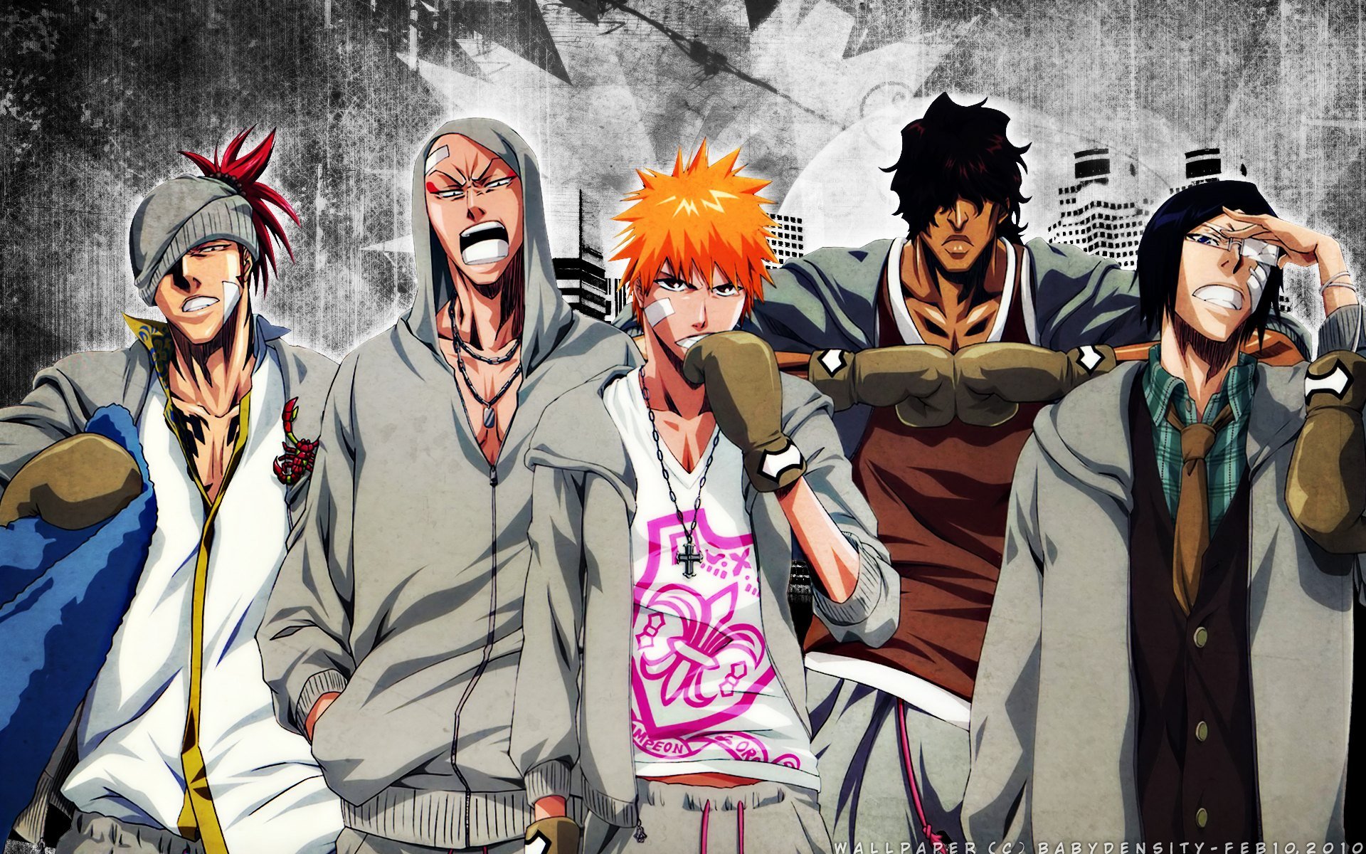 Bleach HD PC desktop wallpaper featuring Renji Abarai, Ikkaku Madarame, Yasutora Sado, Uryu Ishida and Ichigo Kurosaki posed together against a gritty grayscale backdrop.