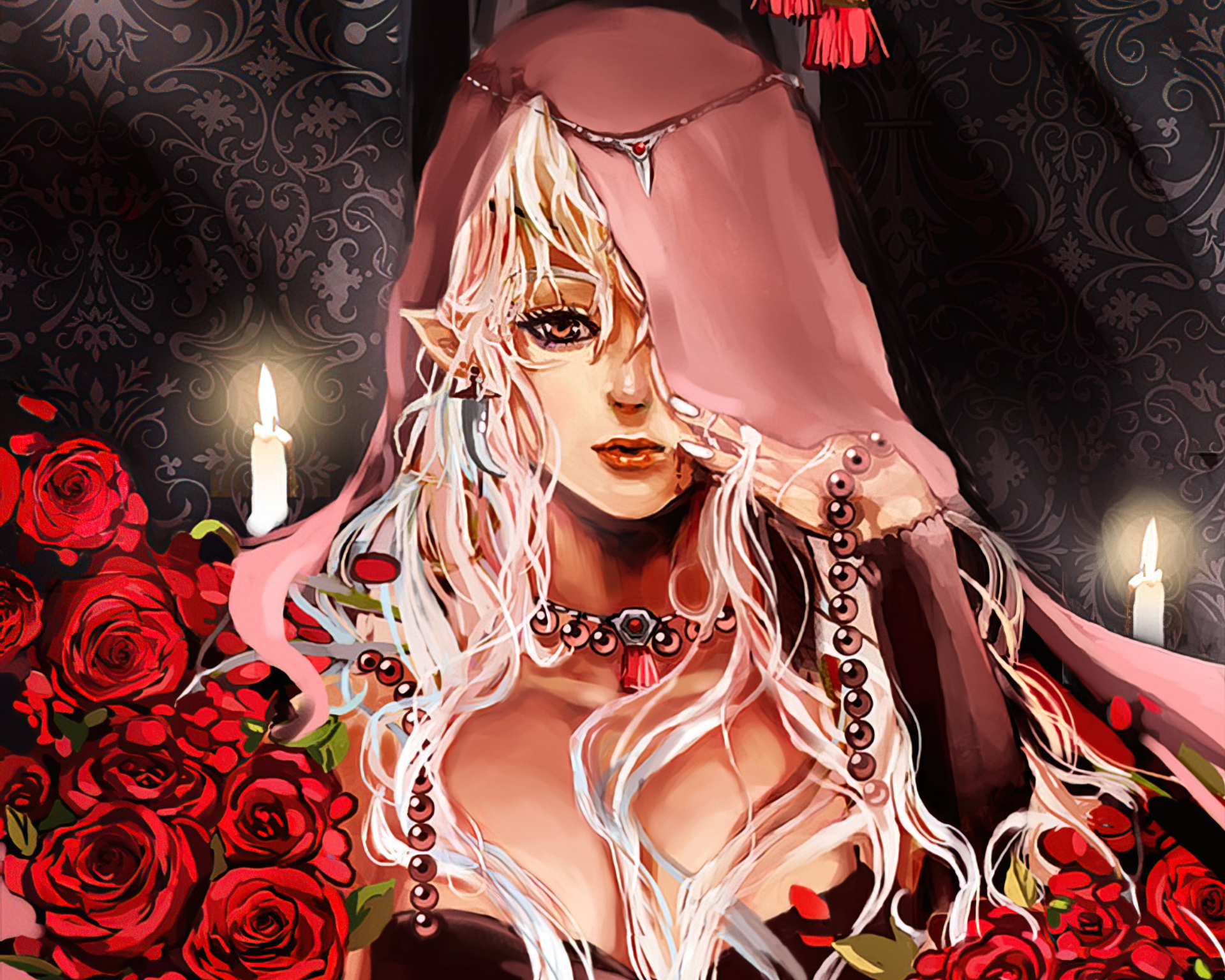 Fantasy elf with long white hair, adorned in jewelry and a pink veil, surrounded by red roses and lit candles, designed as an HD PC desktop wallpaper.